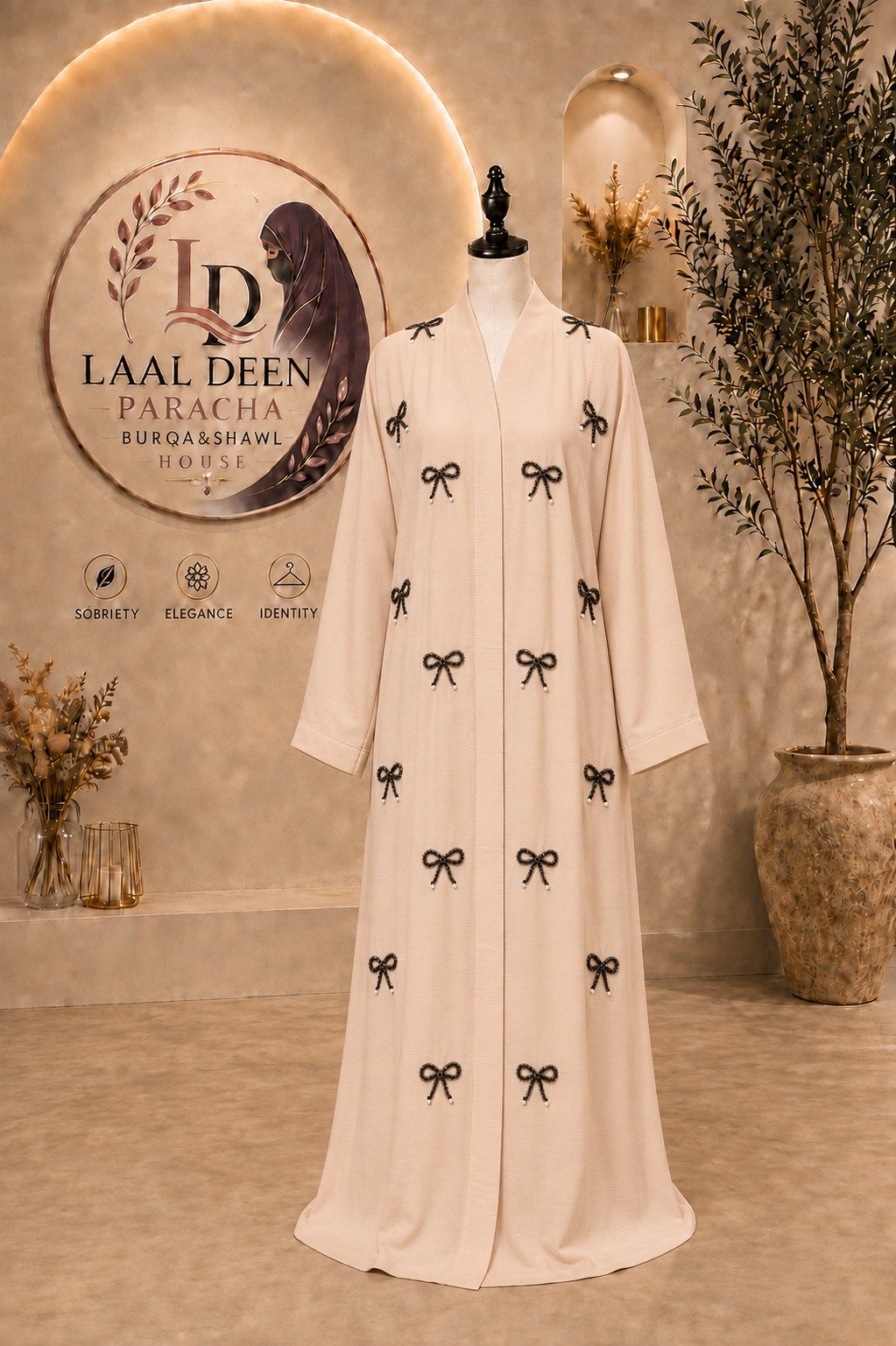 WhatsApp Image 2026-08-22 at 5.37.12 PM Royal Bow Pearl-Embroidery Open Abaya - Image 1