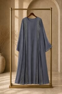 Silver Cascade Beaded-Panel Abaya – Dusty Blue Grey - Image 2